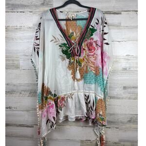 Z&L womens small Europe Floral Print Cotton Pom-Pom Caftan Swim Cover Up kimono
